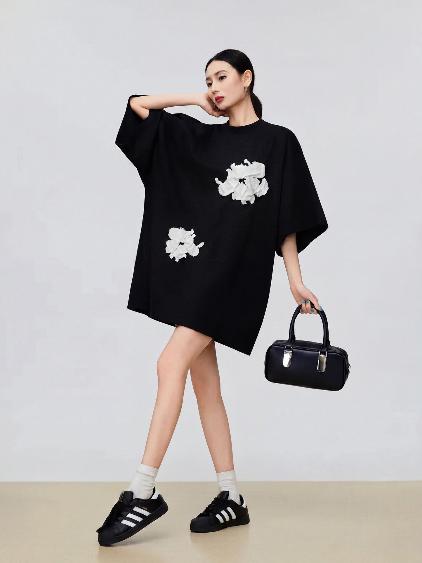 Flower Motif Oversized T-Shirt Dress FER0254