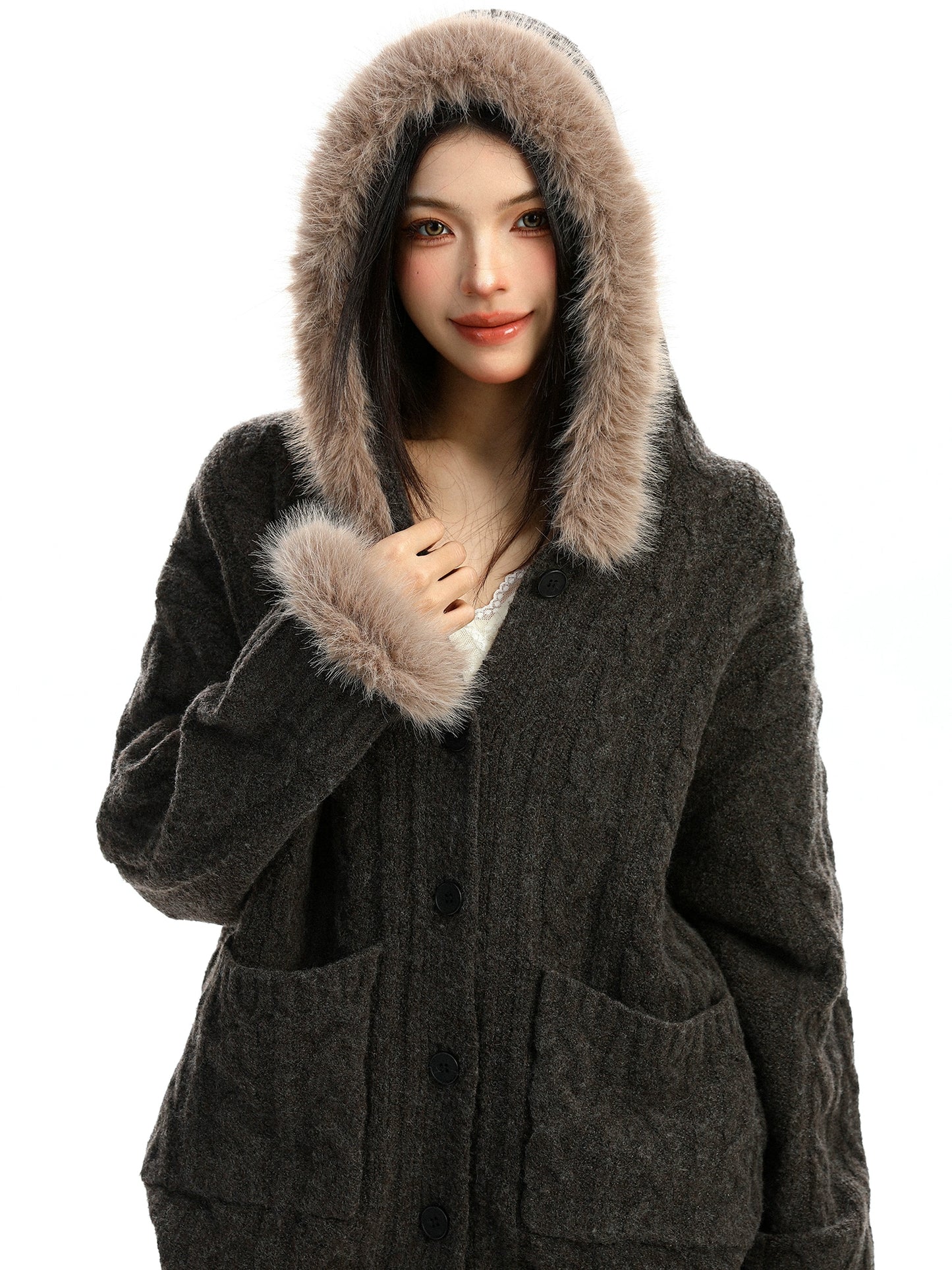 Fur Hood Loose Knit Cardigan BGS0028
