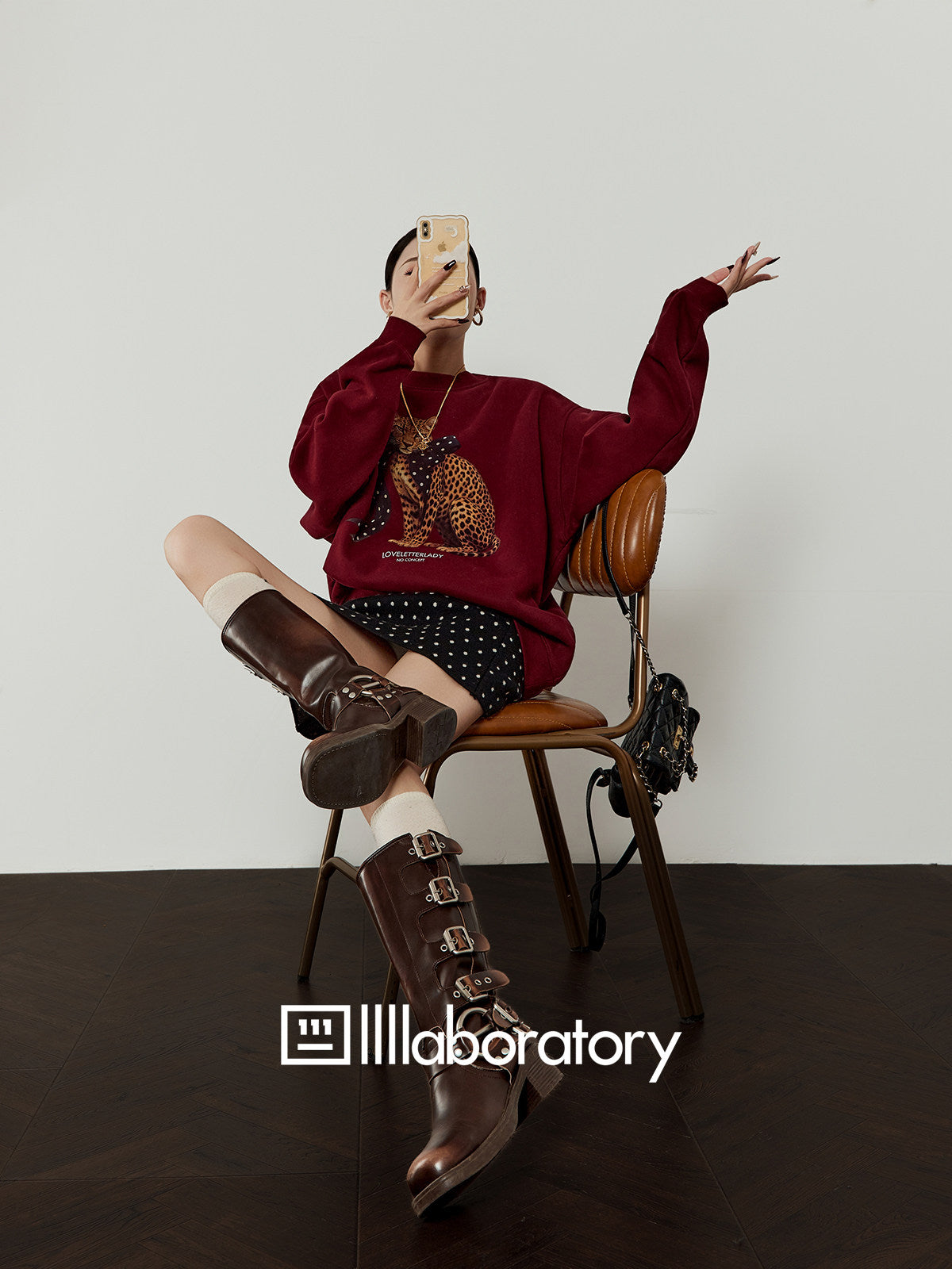 Bow Leopard Sweatshirt / Polka Dot Mini Skirt LLA0614
