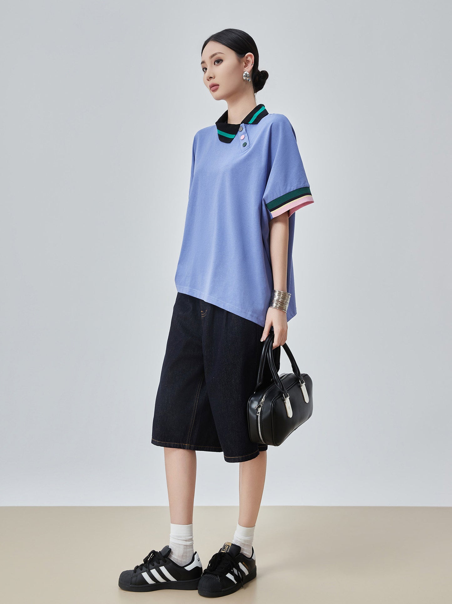 Color-Block Rib Asymmetric Neck T-shirt FER0245