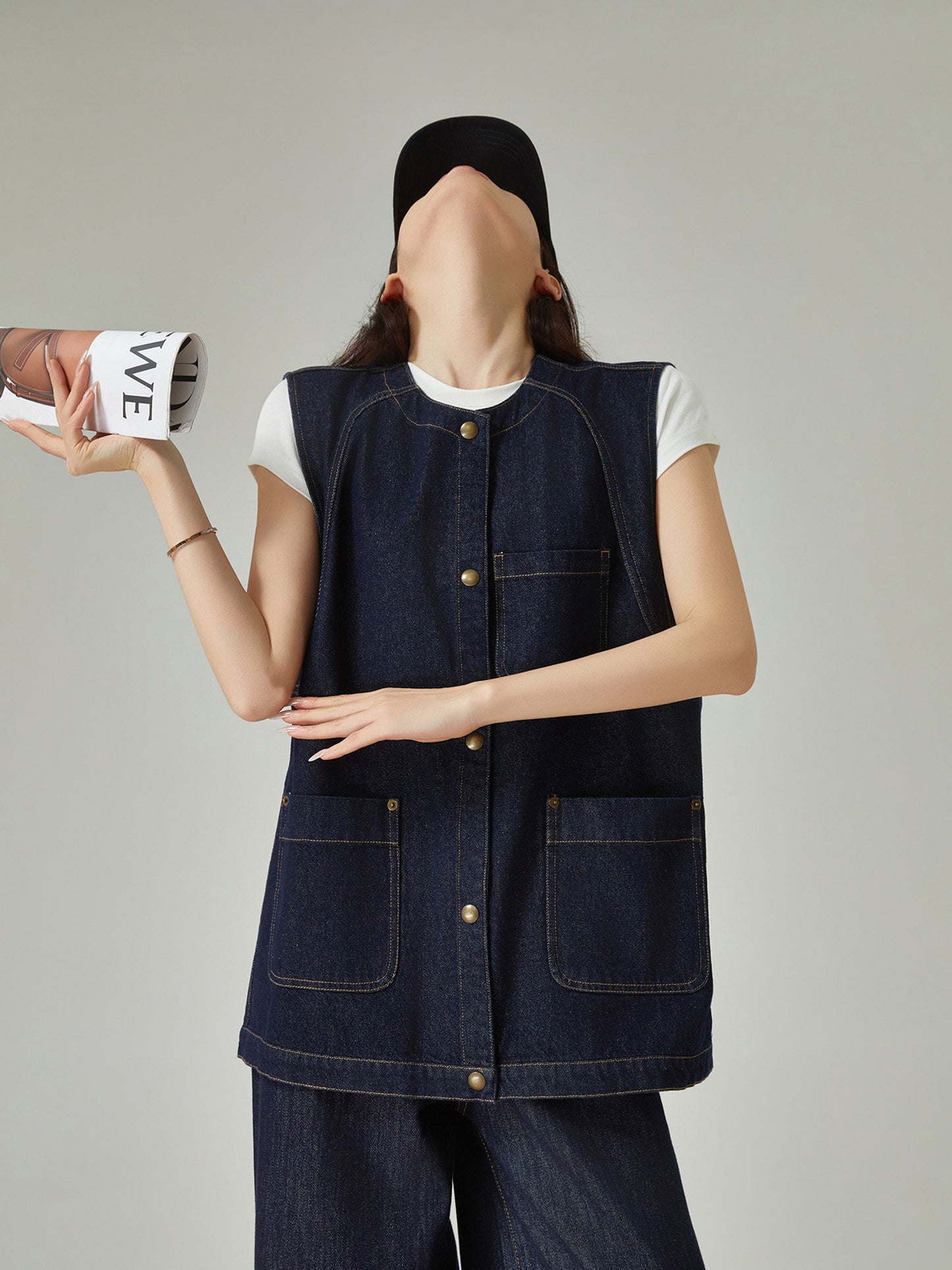 Collarless Denim Vest / Denim Wide Pants FER0144