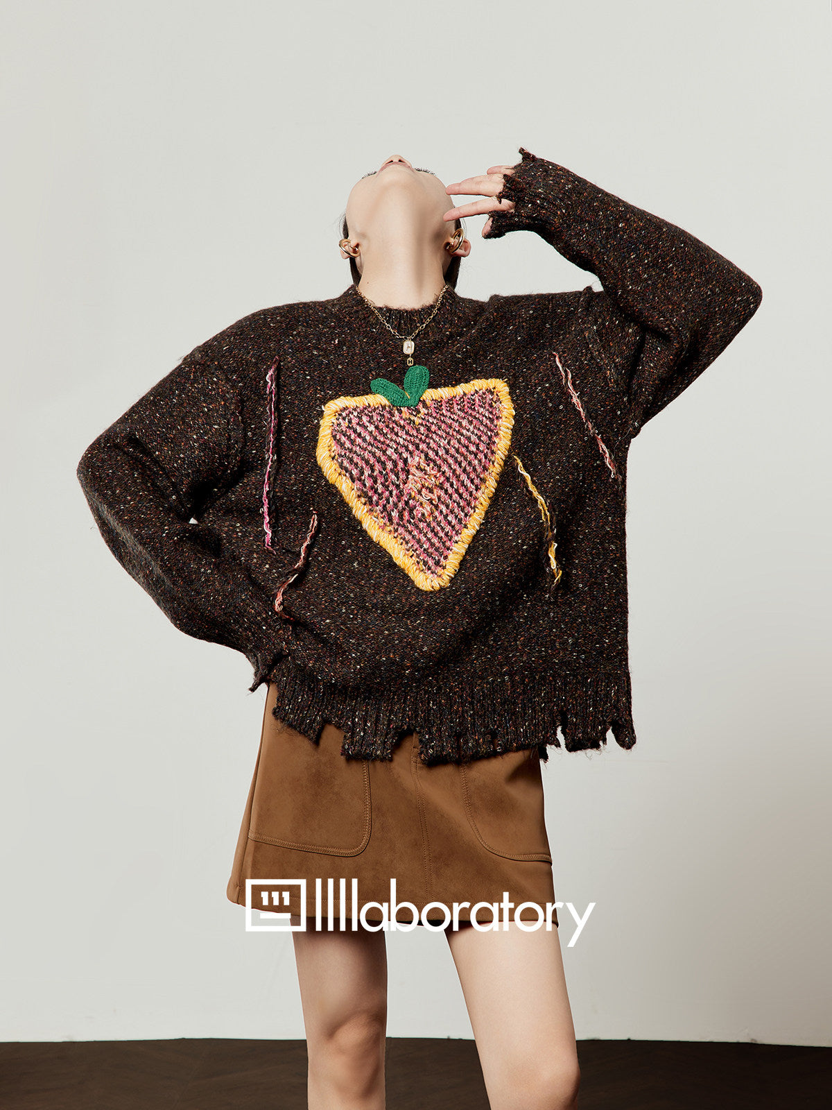 Strawberry Round Neck Knit Top / Brown Mini Skirt LLA0618
