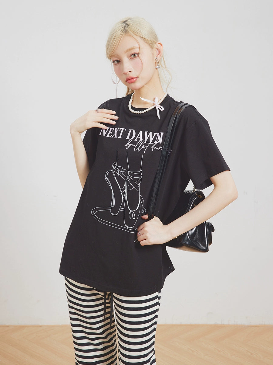 Ballet Shoes Print Loose T-Shirt NXD0006