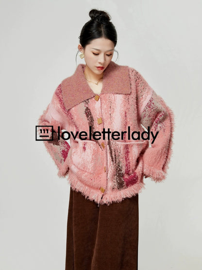 Pink Big Lapel Sweater Cardigan / Corduroy Long Skirt LLA0347