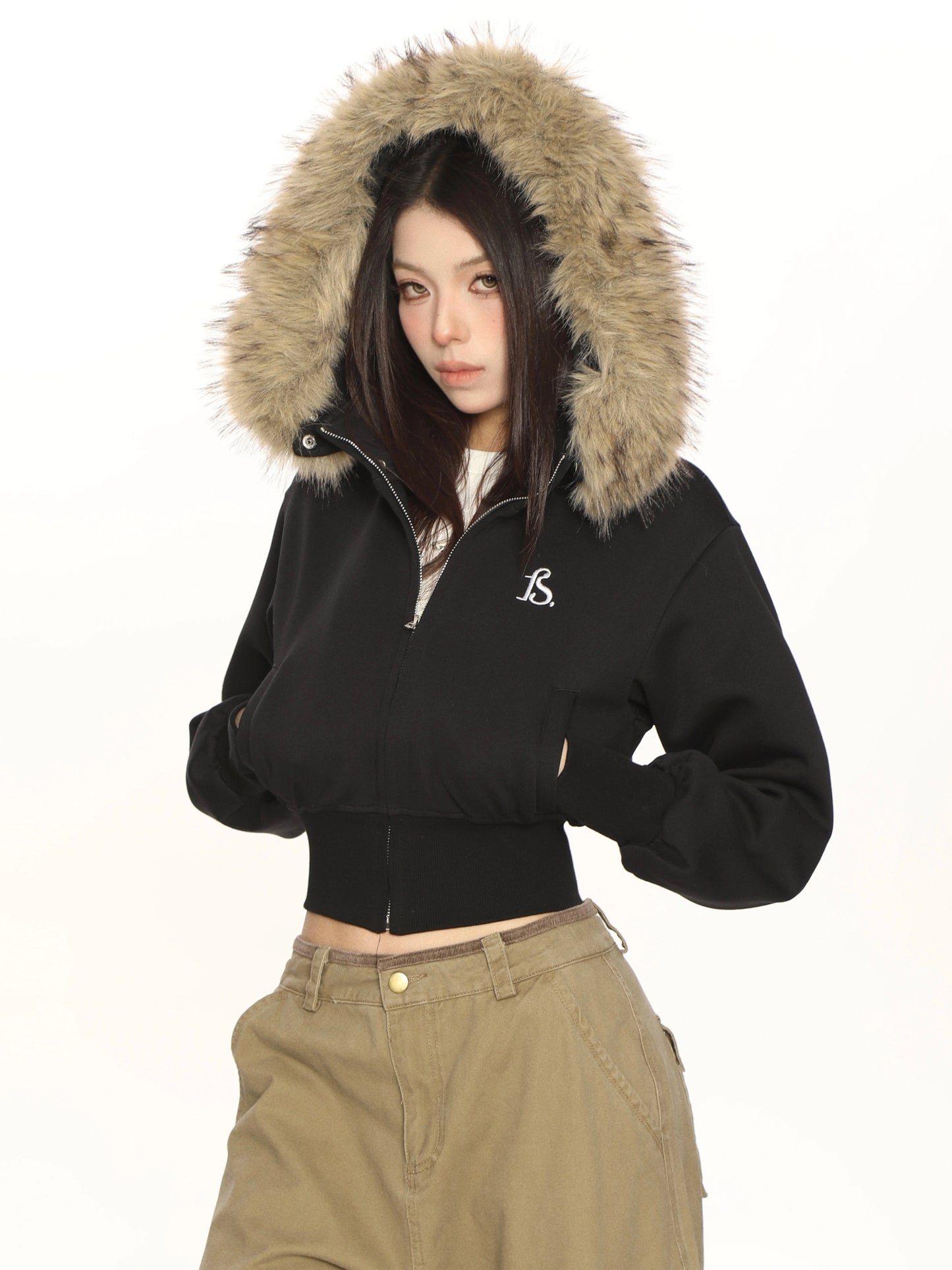 Fur Cropped Zip Up Hoodie BGS0013