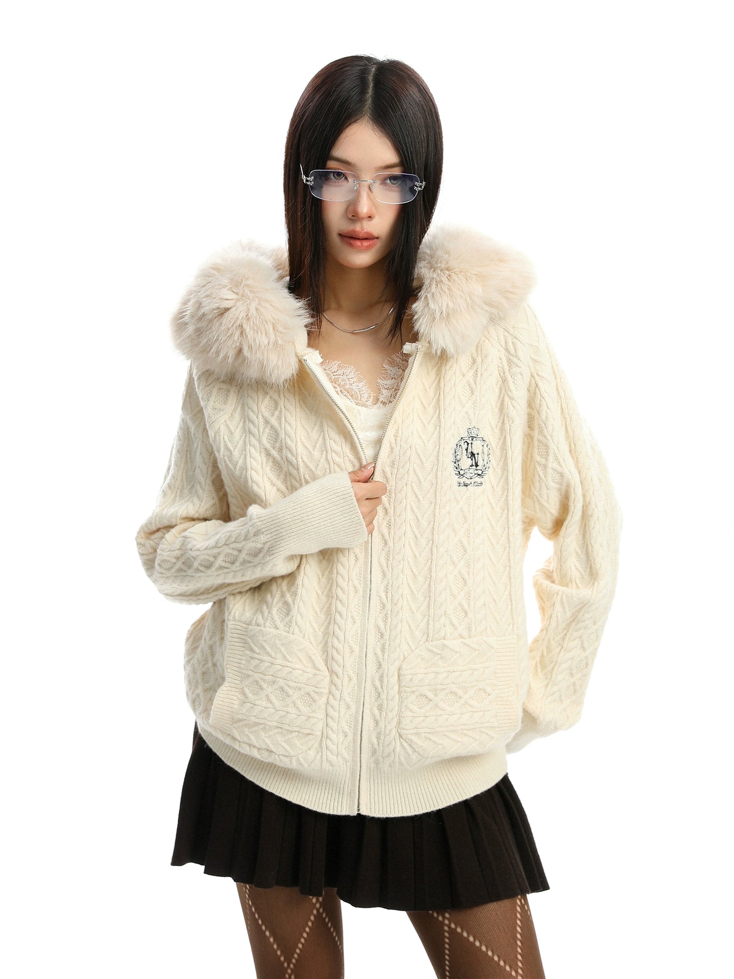 Fur Hood Cable Knit Top BGS0034