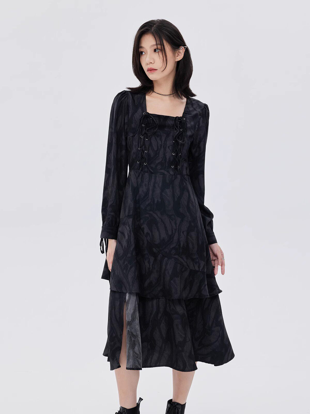 Marble Mid-Length Black Dress SHN0051