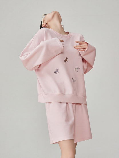 Pony Embroidered Long Sleeve Sweatshirt / Loose Shorts FER0086