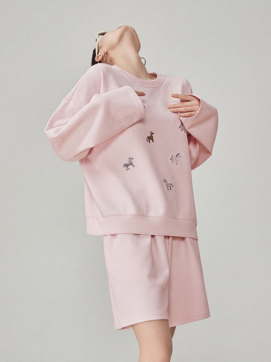 Pony Embroidered Long Sleeve Sweatshirt / Loose Shorts FER0086