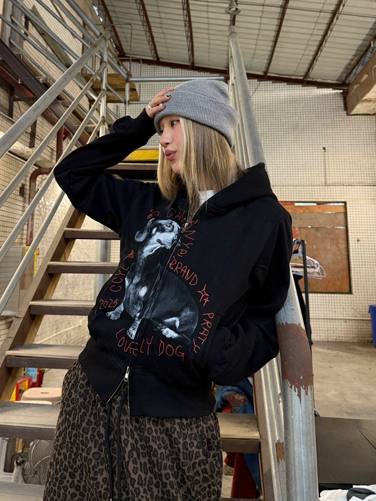Dog Print Double Zip Hoodie CYE0066