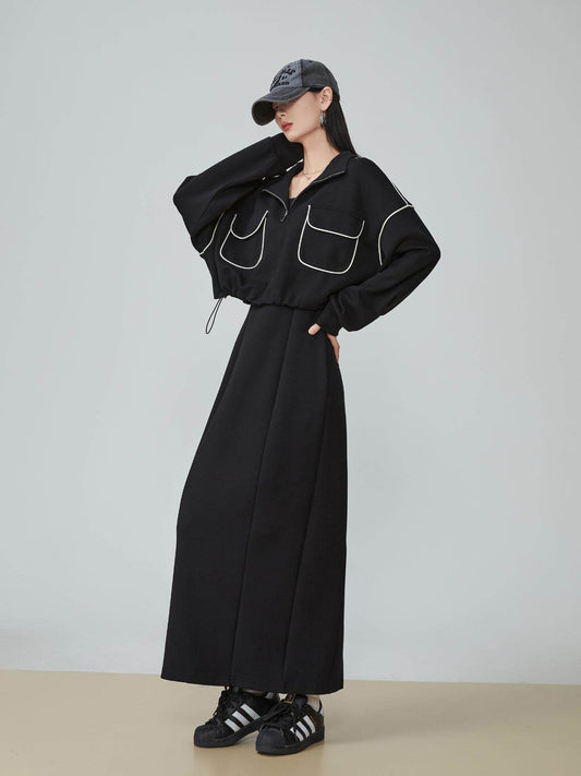 White Piping Half-Zip Top / Sleeveless Dress FER0297