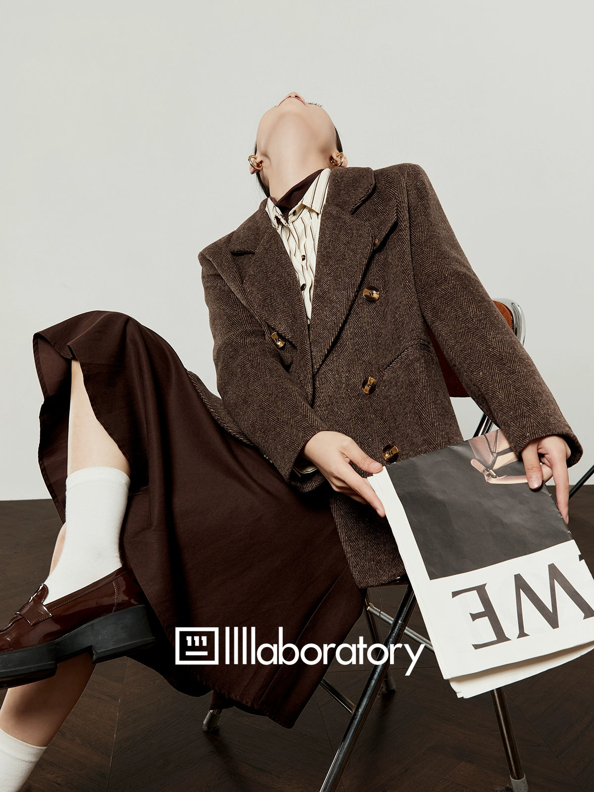 Retro Autumn Jacket/Striped Shirt/Brown Asymmetrical Skirt LLA0542