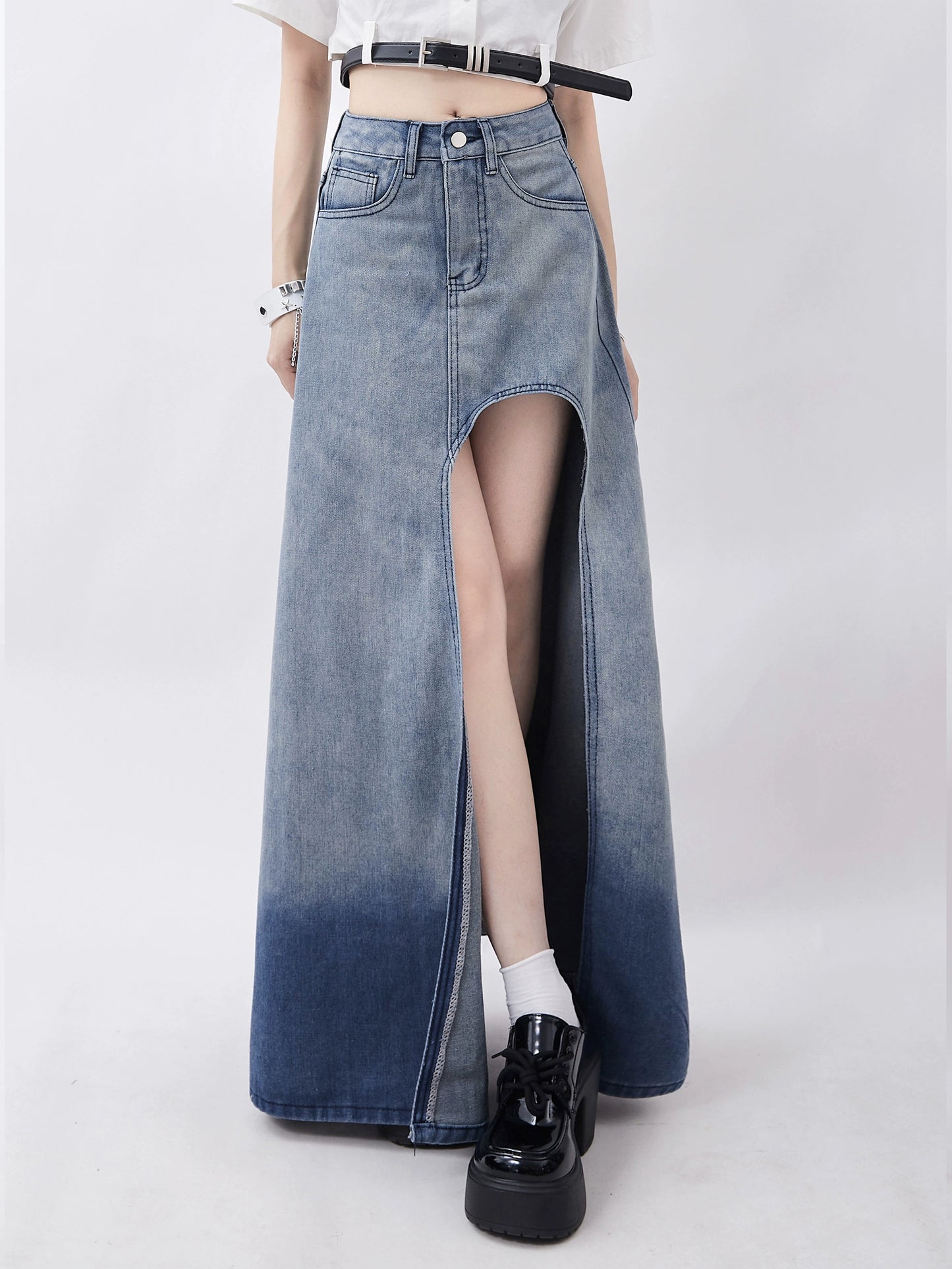 Open Cut Long Denim Skirt RHP0013