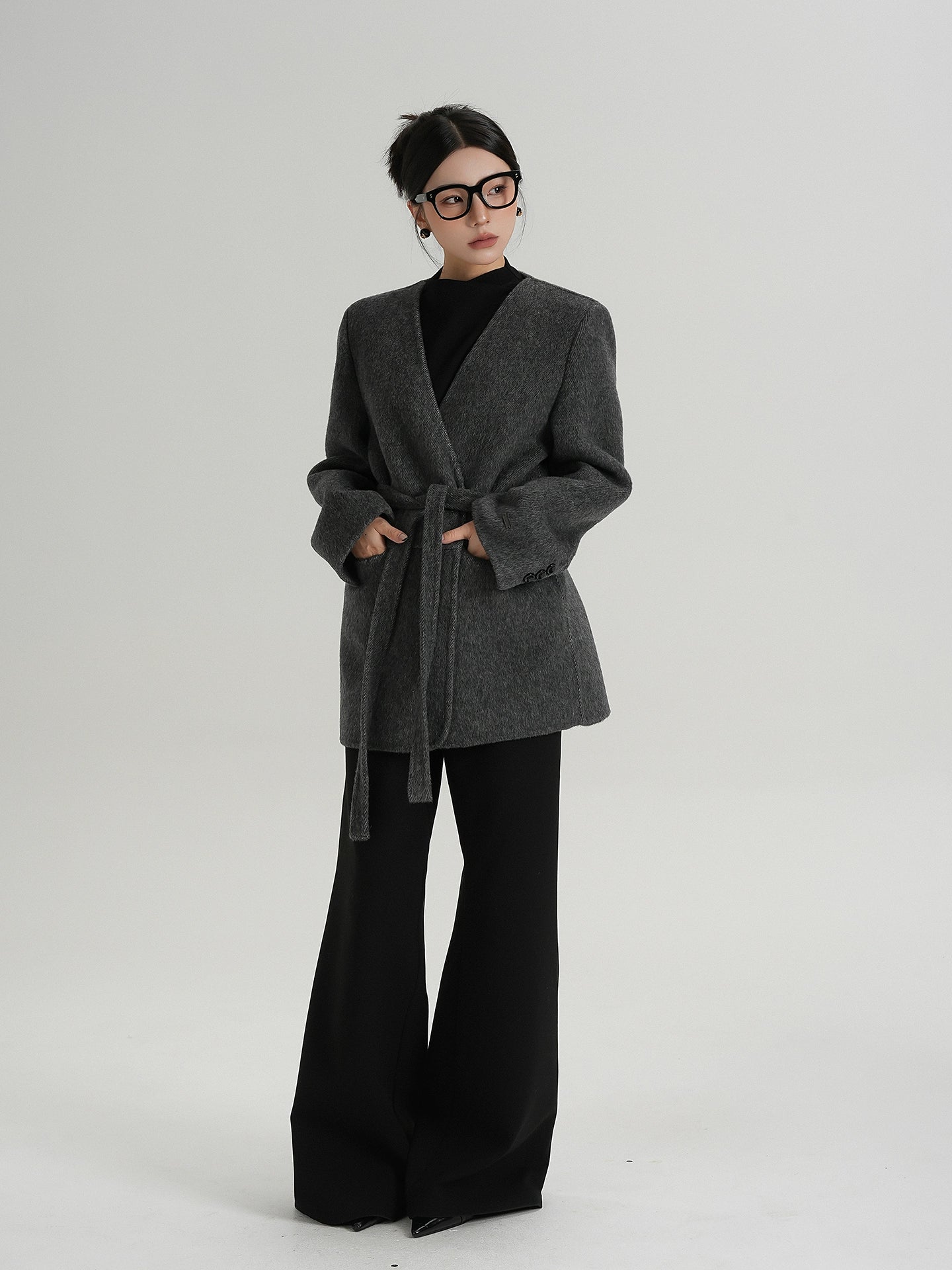 Collarless Wool Coat with Choker SRS0393