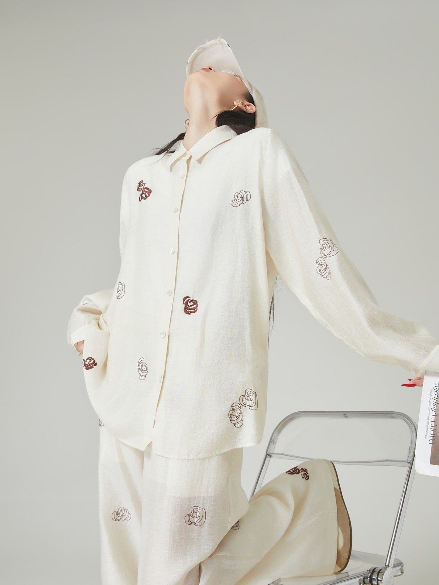 Rose Embroidered Long-Sleeve Shirt / Wide Pants FER0101