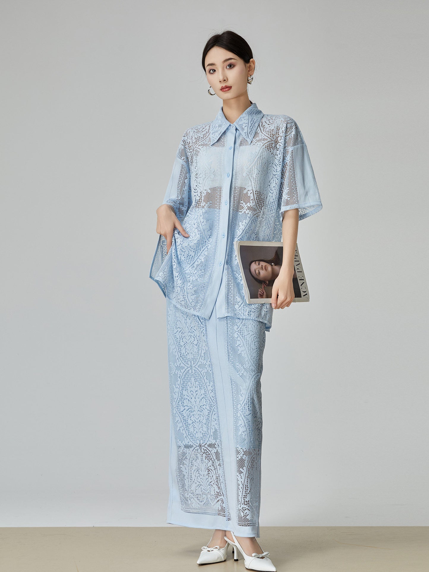 Panel Lace Color Shirt / Ornament Panel Lace Skirt FER0107
