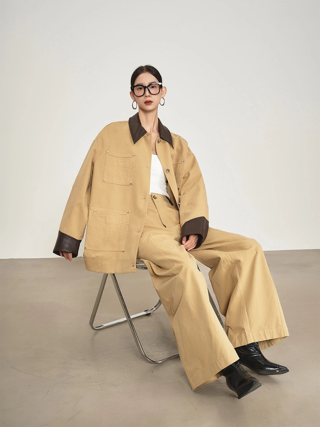 Leather Collar Pocket Shirt / Wide Pants SUY0016