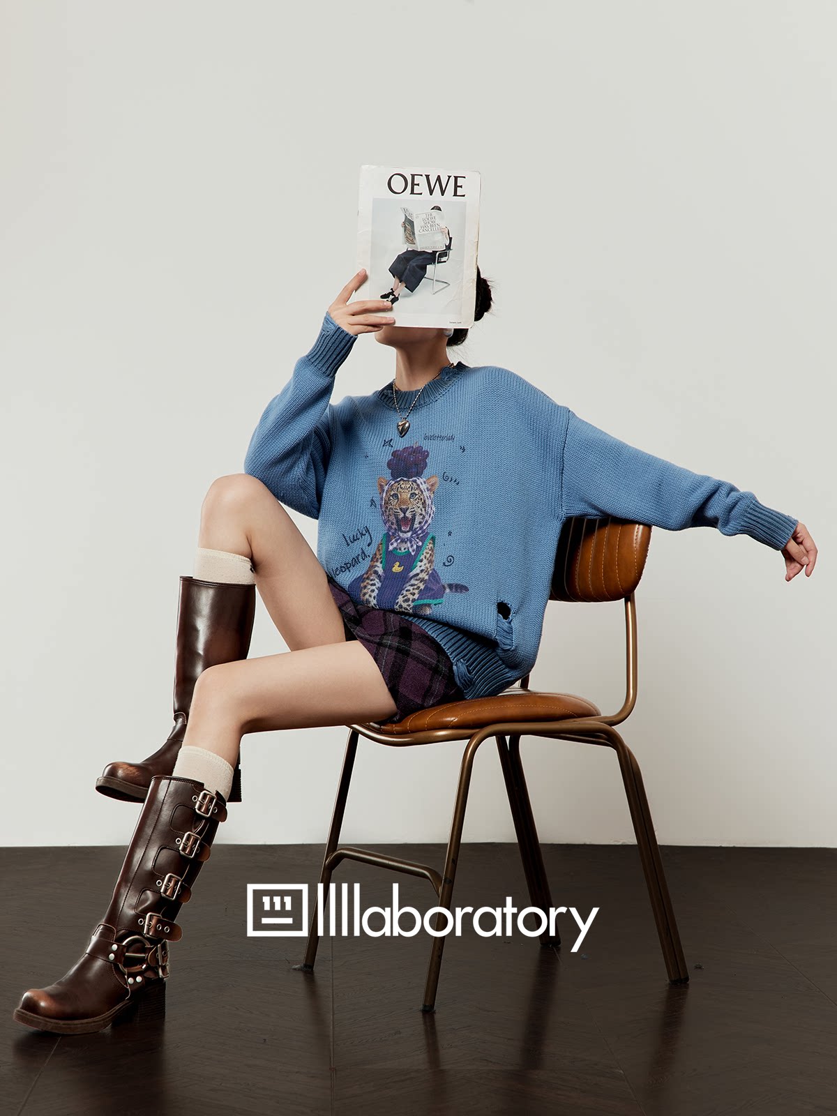 Cute Tiger Print Knit / Plaid Mini Skirt LLA0636