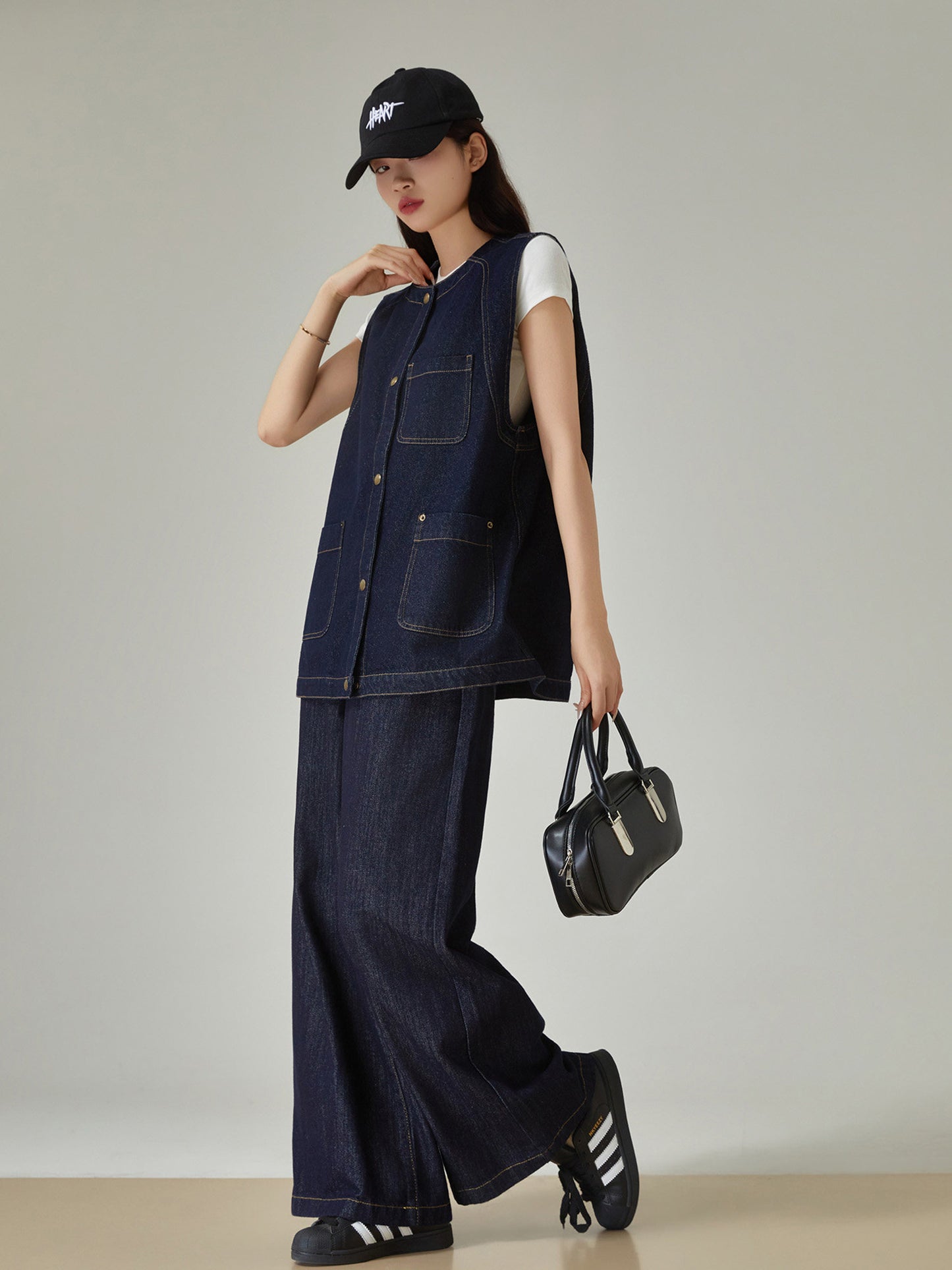 Collarless Denim Vest / Denim Wide Pants FER0144