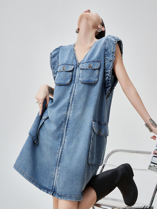 V-Neck Sleeveless Denim Dress FER0115