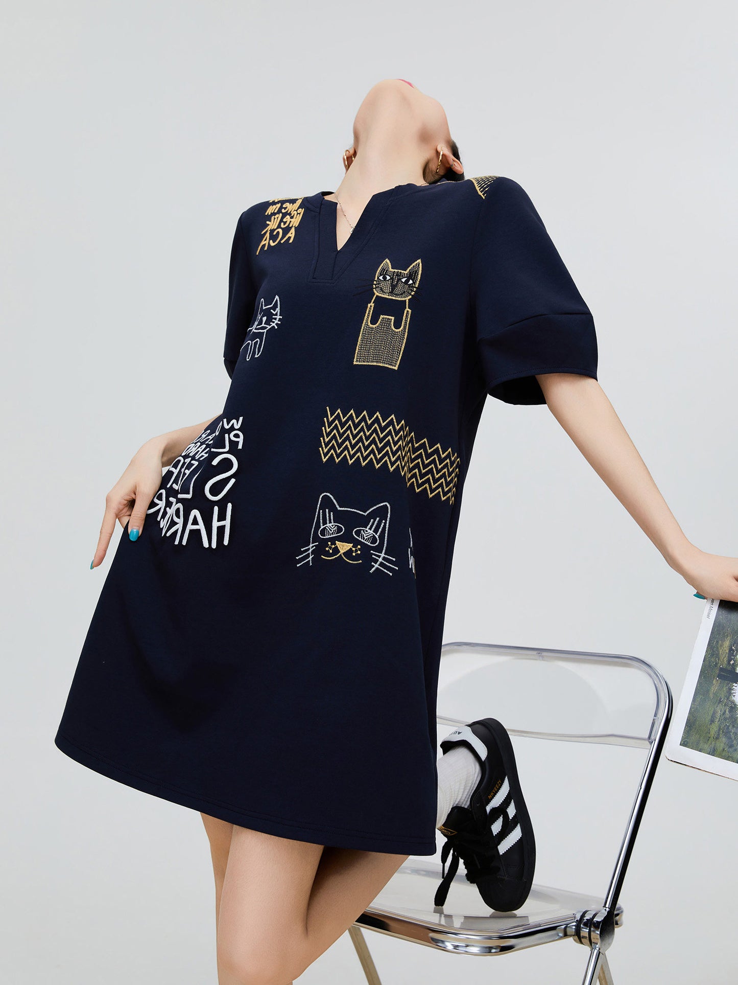 Cat Embroidery Key Neck Dress FER0221