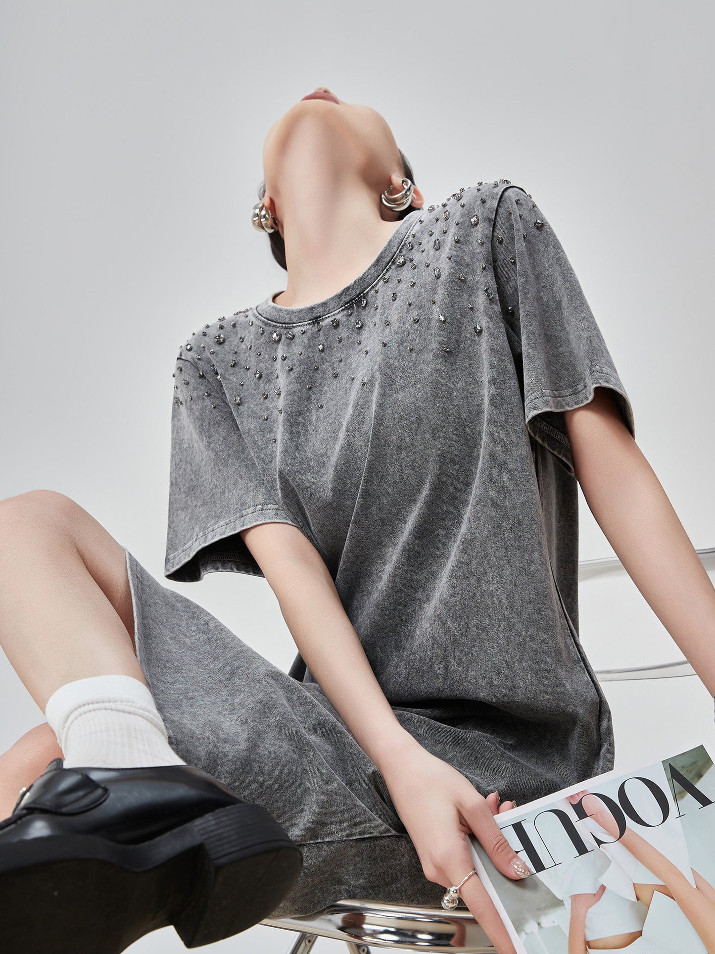 Chemical Wash Studs T-Shirt Dress FER0197