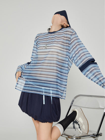 Striped Mesh Long-Sleeve T-Shirt FER0362