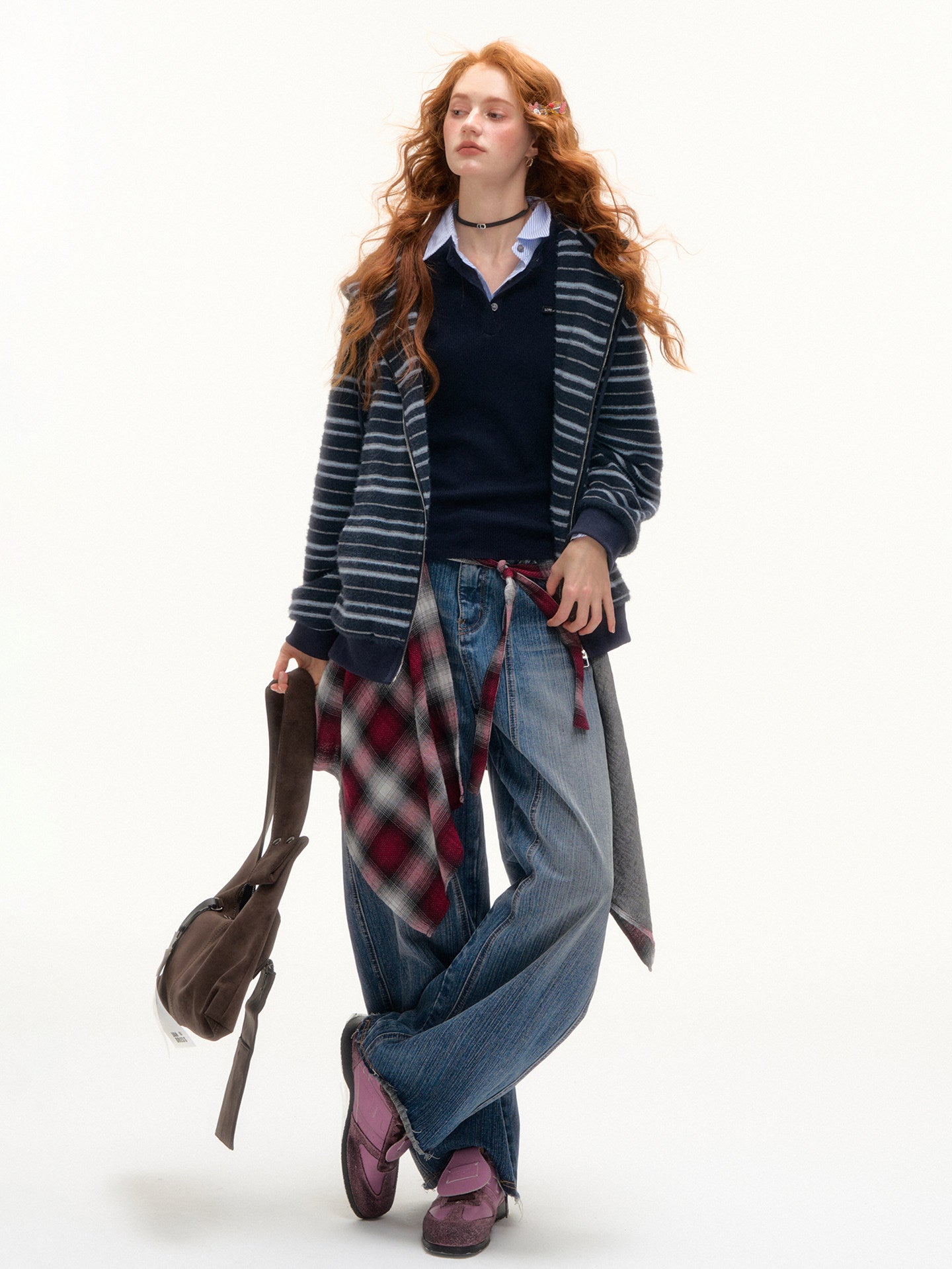 Striped Cat Ear Hoodie / Layered-Style Design Shirt ASG0076
