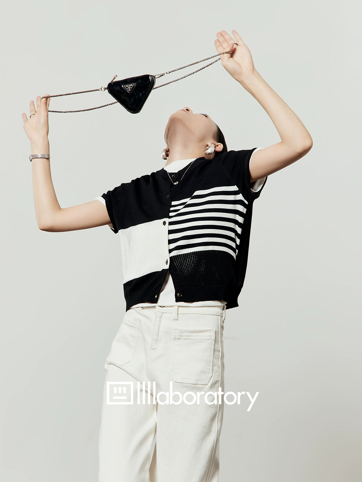 Color Block Stripe Knit / White Denim Pants LLA0496