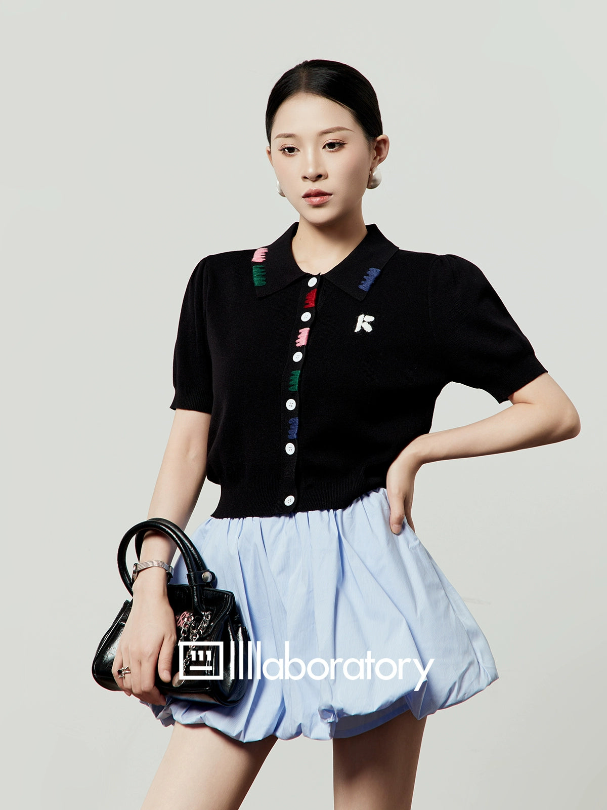Black Knit Top / Balloon Mini Skirt LLA0495