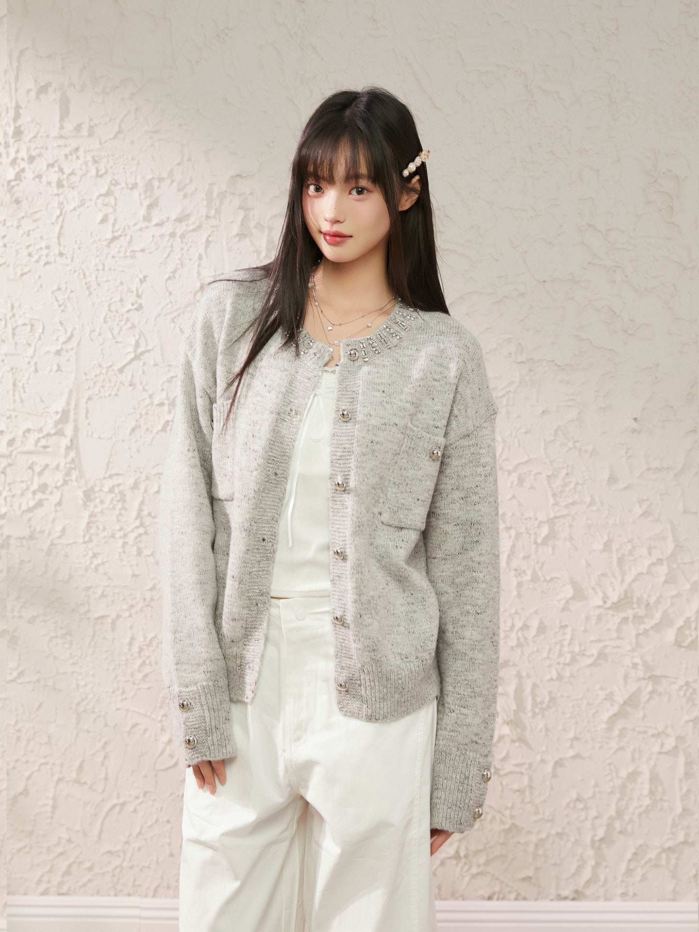 Speckled Rhinestone Knit Cardigan / Rhinestone Flash Jeans  KIP0010