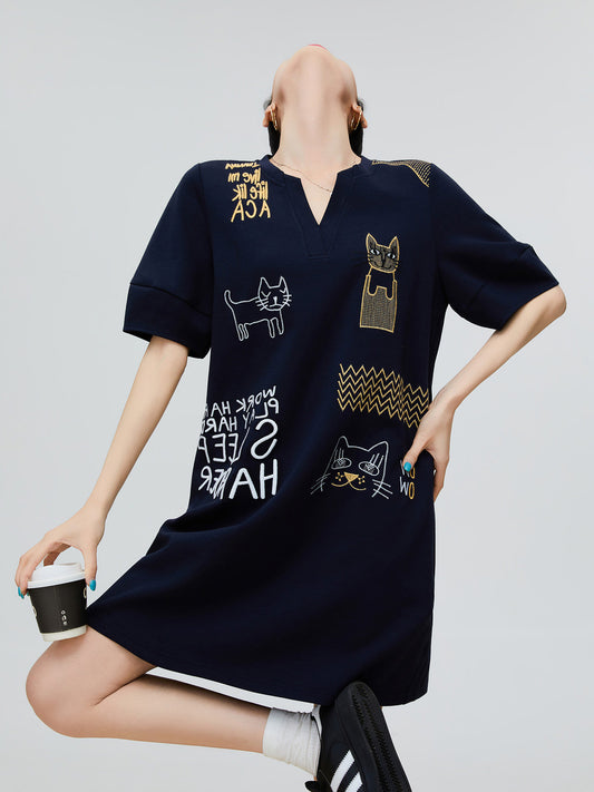 Cat Embroidery Key Neck Dress FER0221
