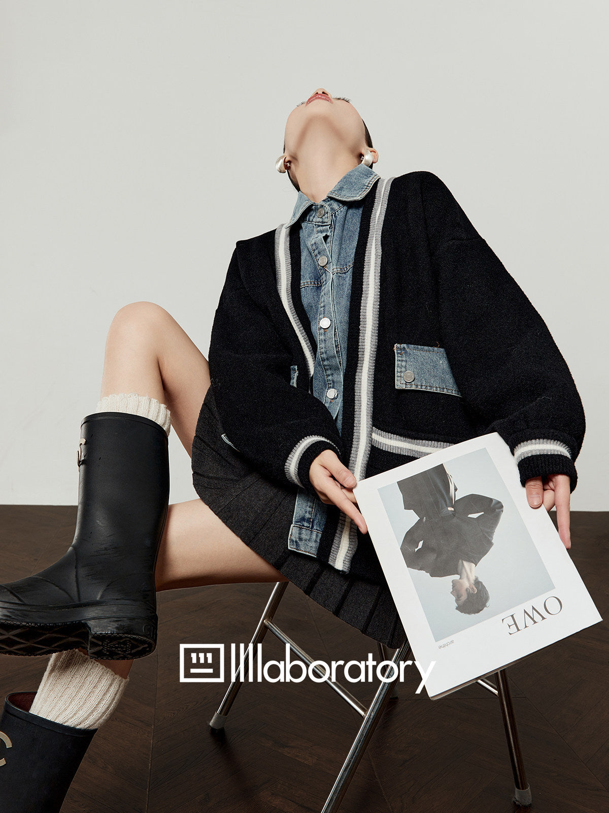 Denim Shirt Docking Knit Cardigan / Pleated Skirt LLA0647