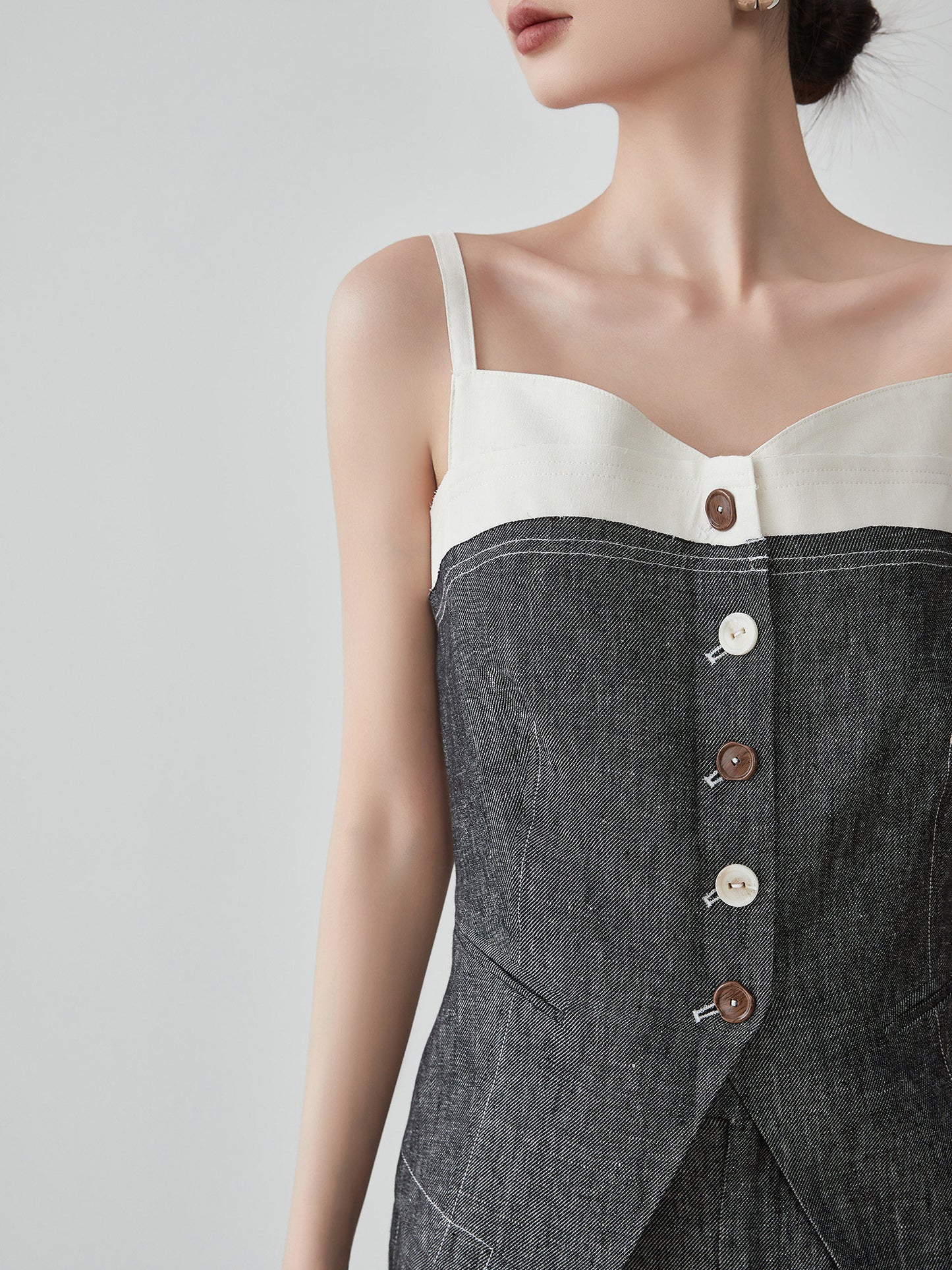 Front Button Bicolor Bustier / Wide Long Pants FER0272