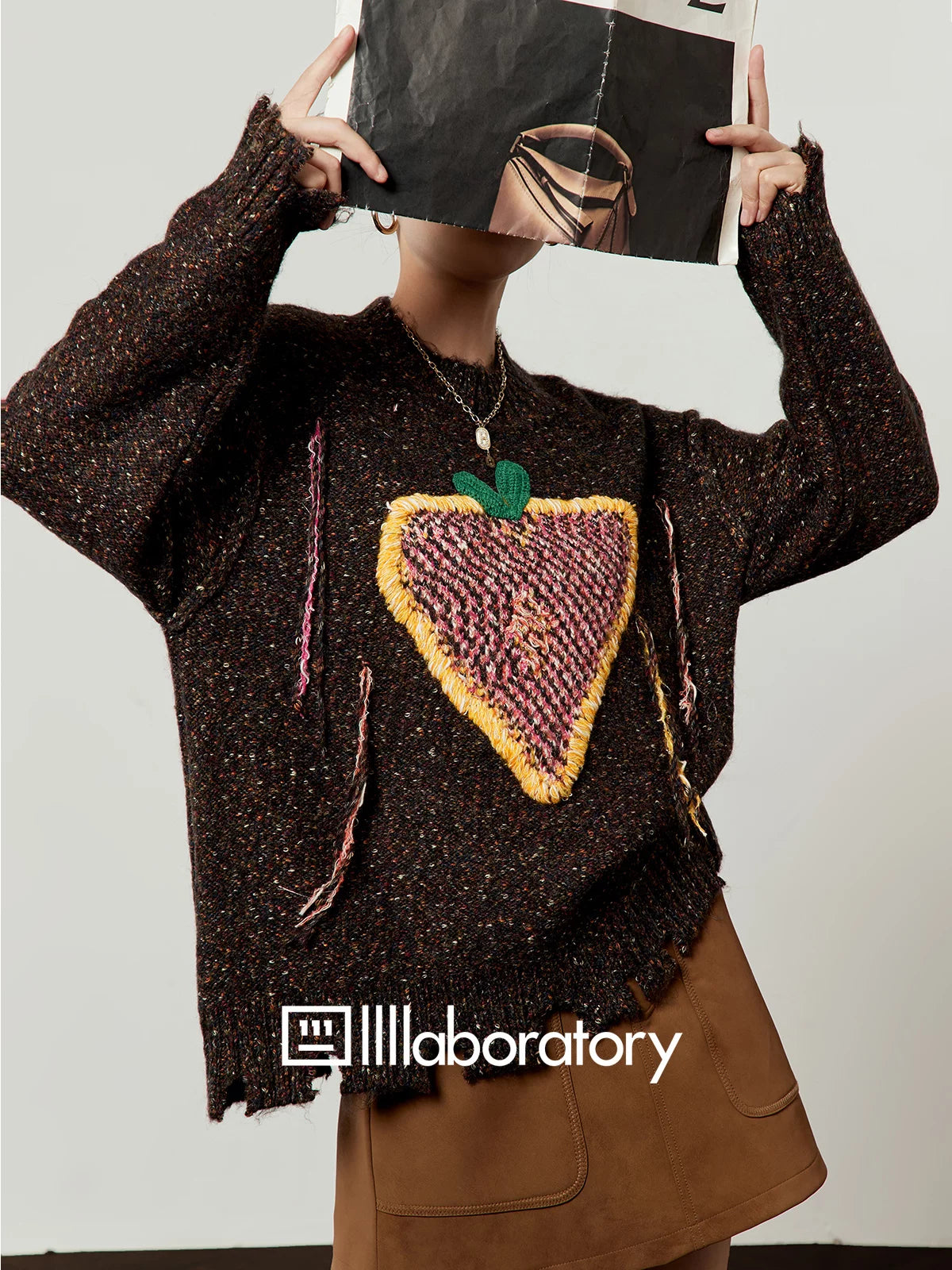 Strawberry Round Neck Knit Top / Brown Mini Skirt LLA0618
