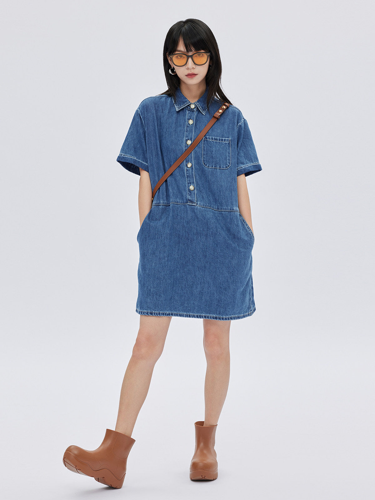 Polo Collar Denim Shirt Dress SHN0035