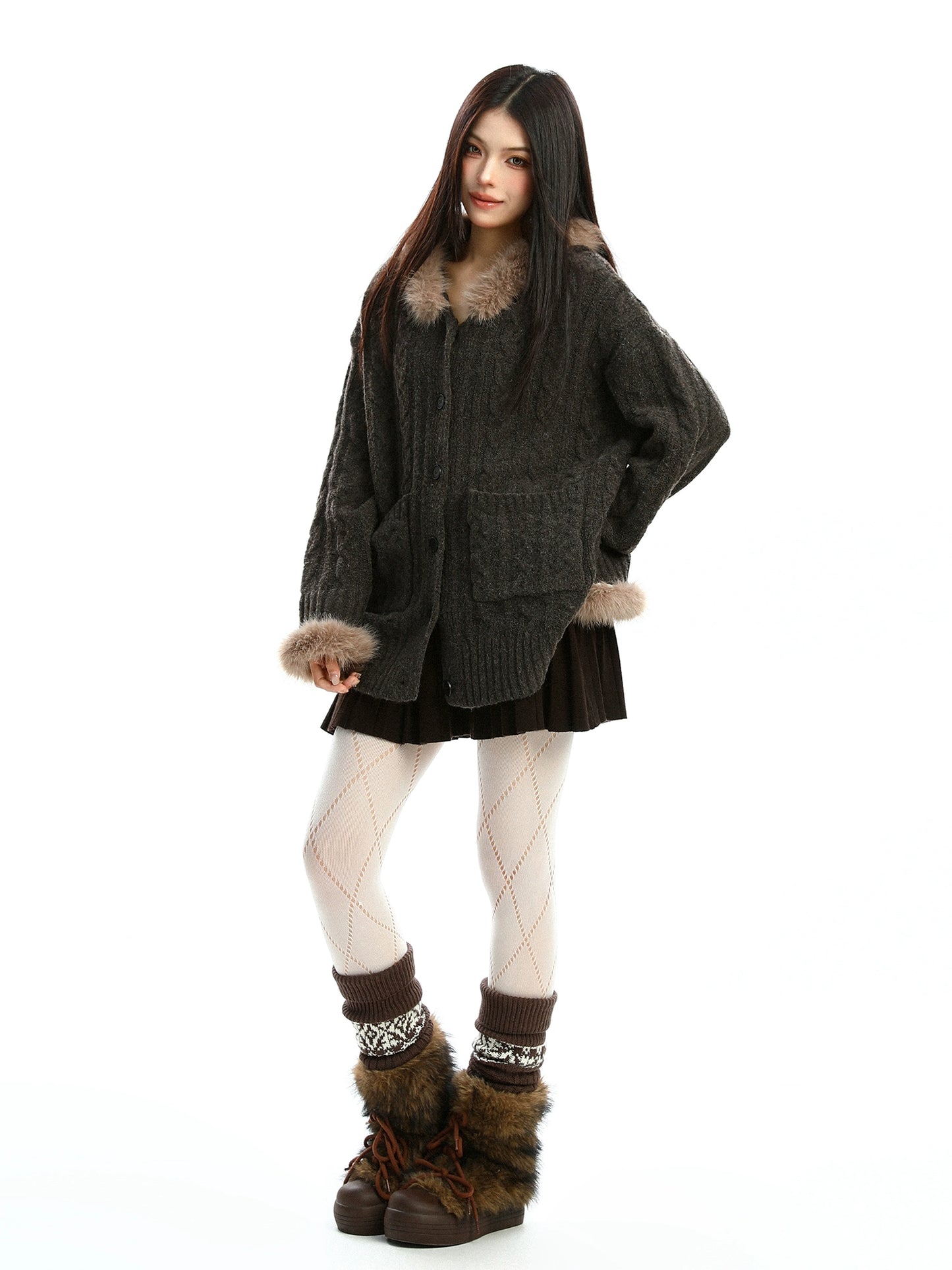 Fur Hood Loose Knit Cardigan BGS0028