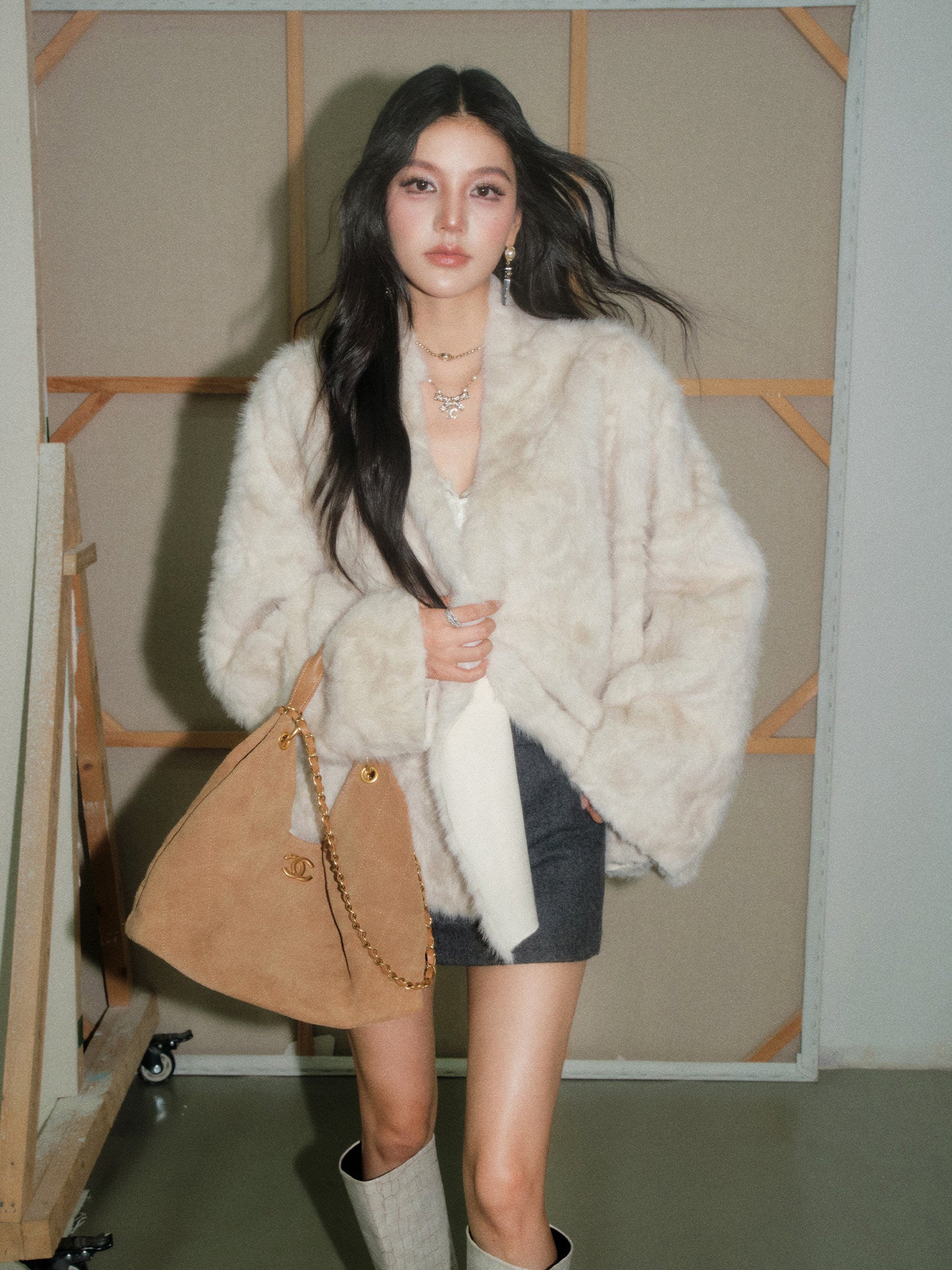 Collarless Fur Coat/Mini Skirt OLD0003