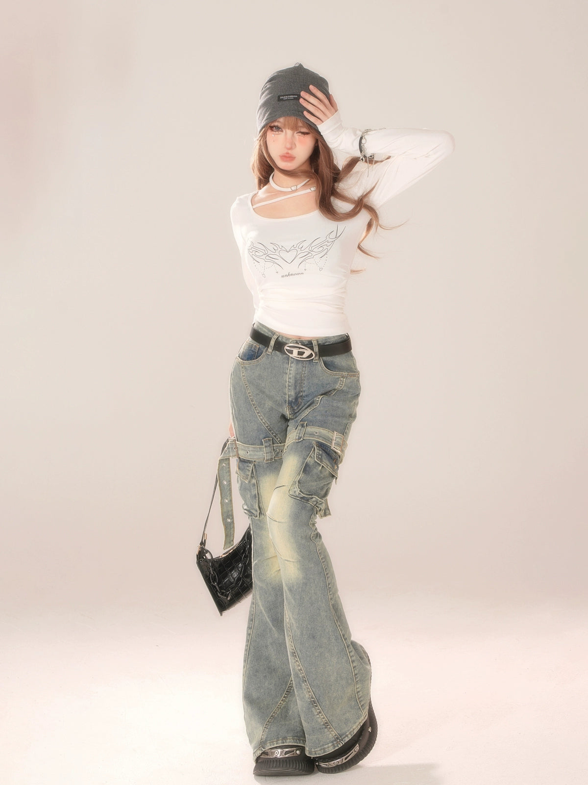 Vintage Belt Flare Denim Pants KLS0007