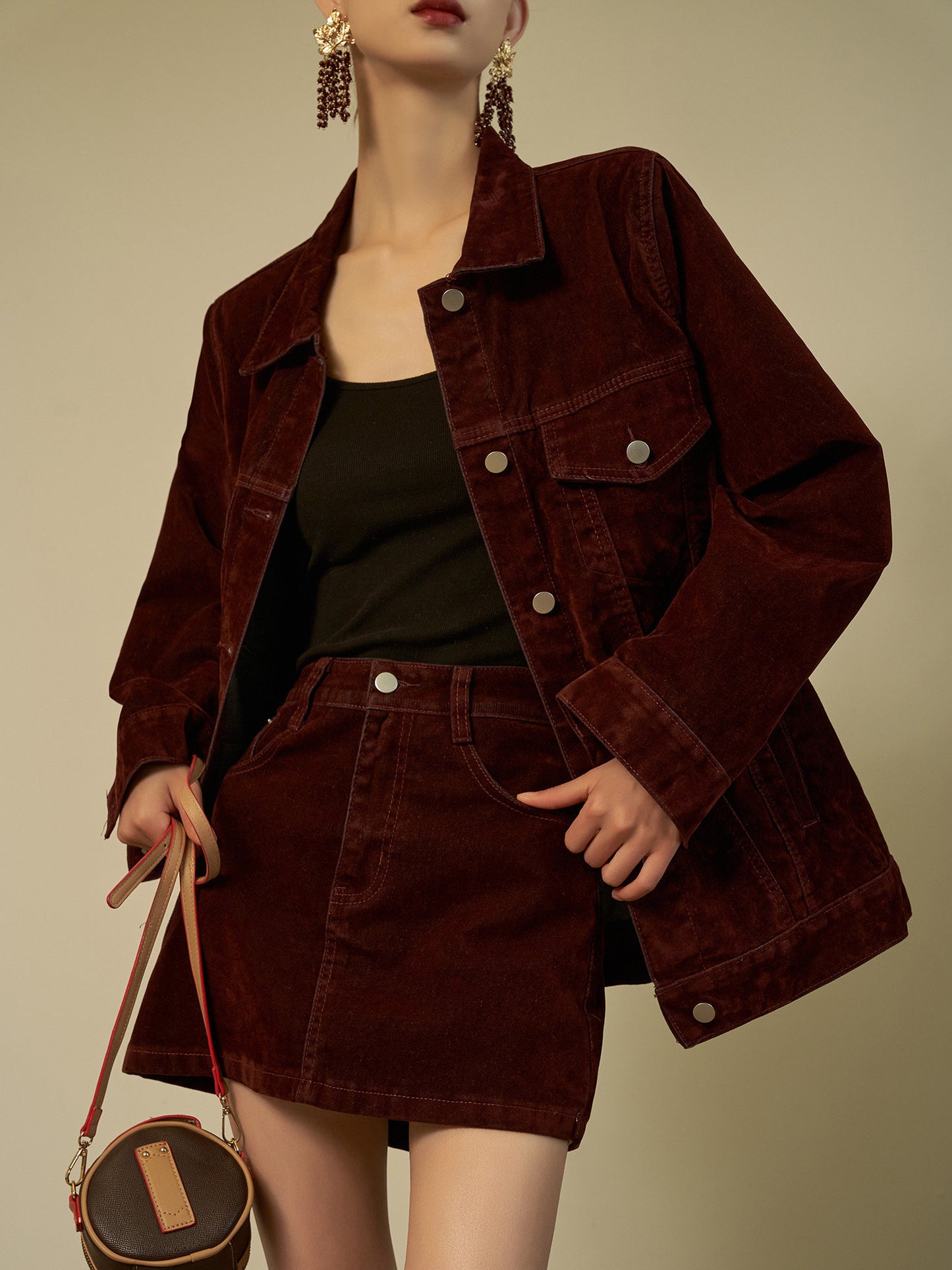 Wine Red Corduroy Jacket / Mini Skirt SUY0030