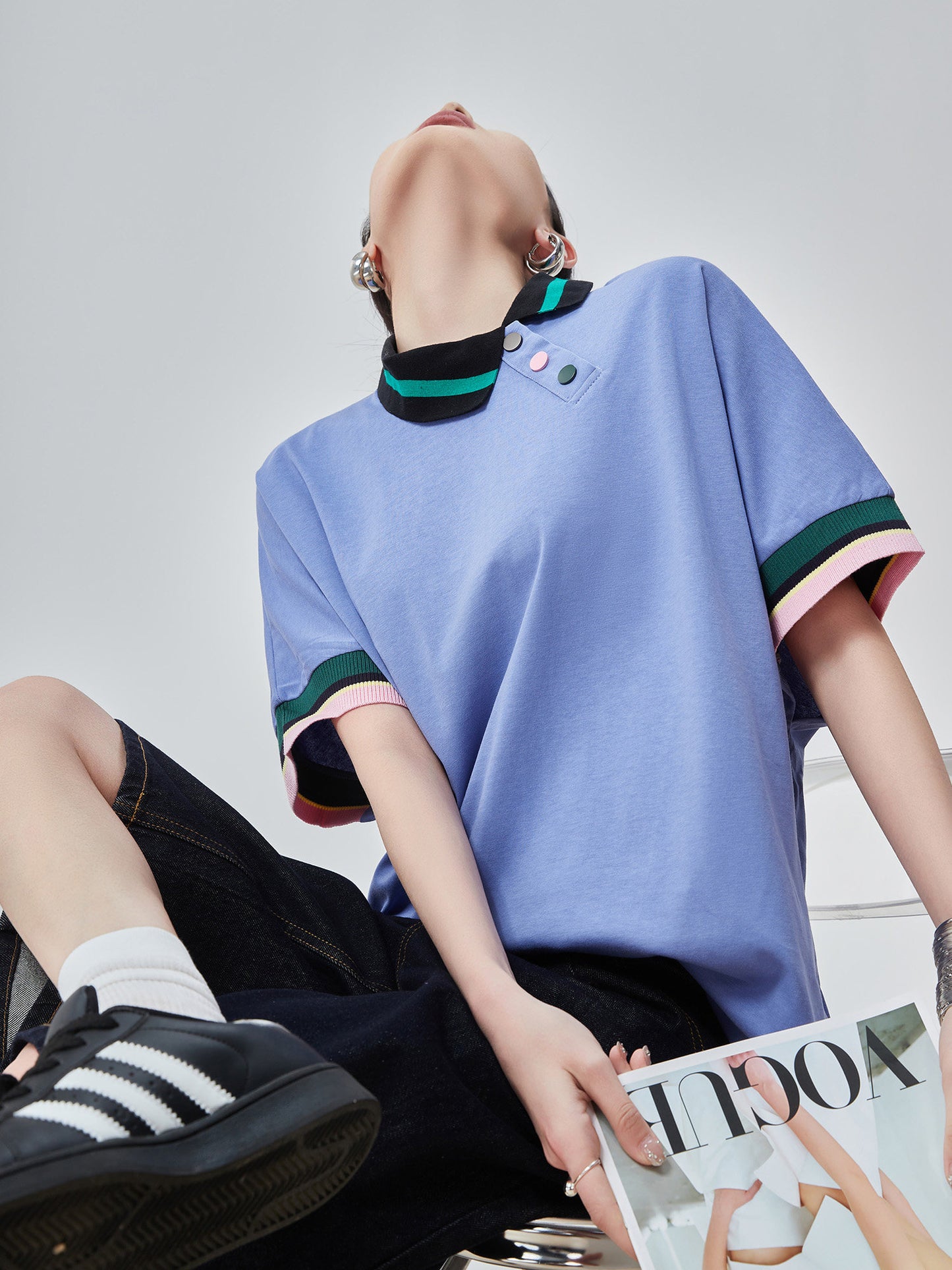 Color-Block Rib Asymmetric Neck T-shirt FER0245