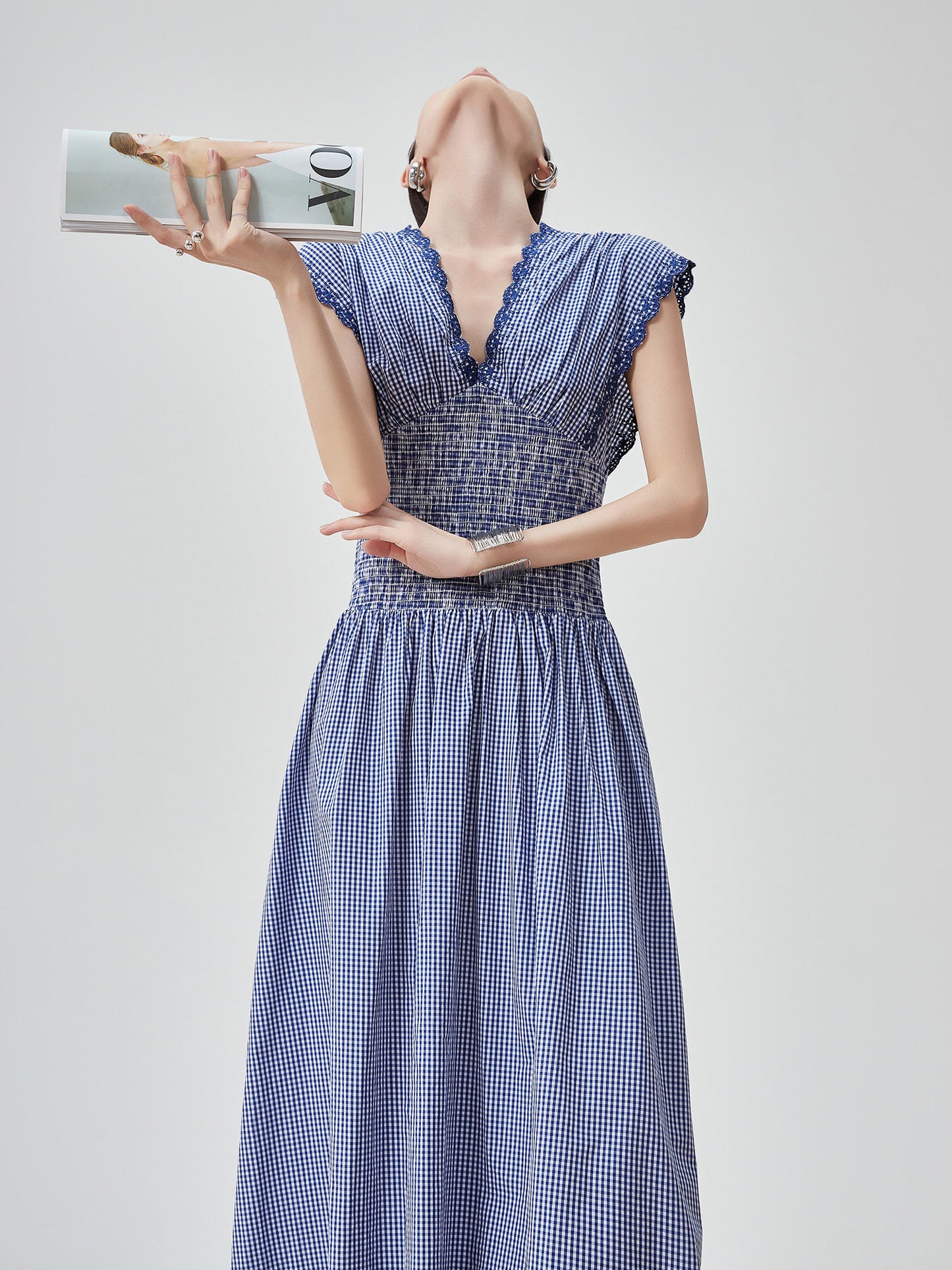 Gingham Check Shirring Long Dress FER0249