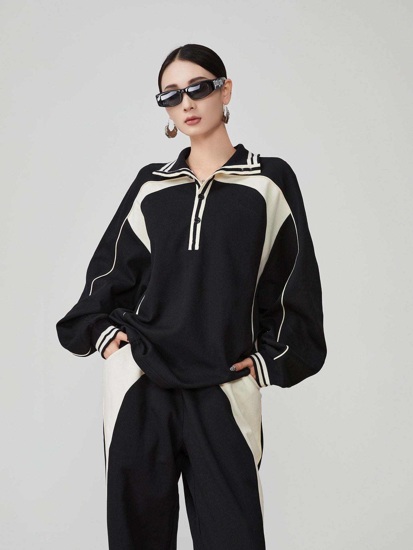 Color-Contrast Collared Long-Sleeve / Casual Wide Pants  FER0378