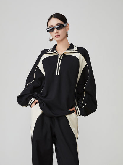 Color-Contrast Collared Long-Sleeve / Casual Wide Pants  FER0378