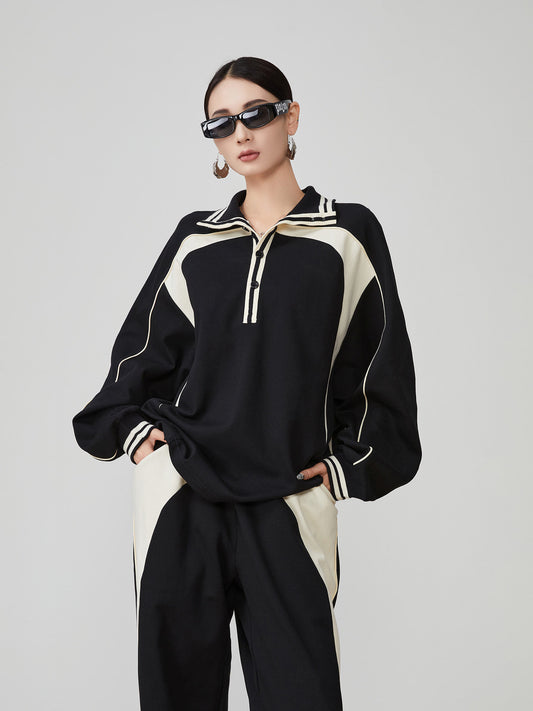 Color-Contrast Collared Long-Sleeve / Casual Wide Pants  FER0378