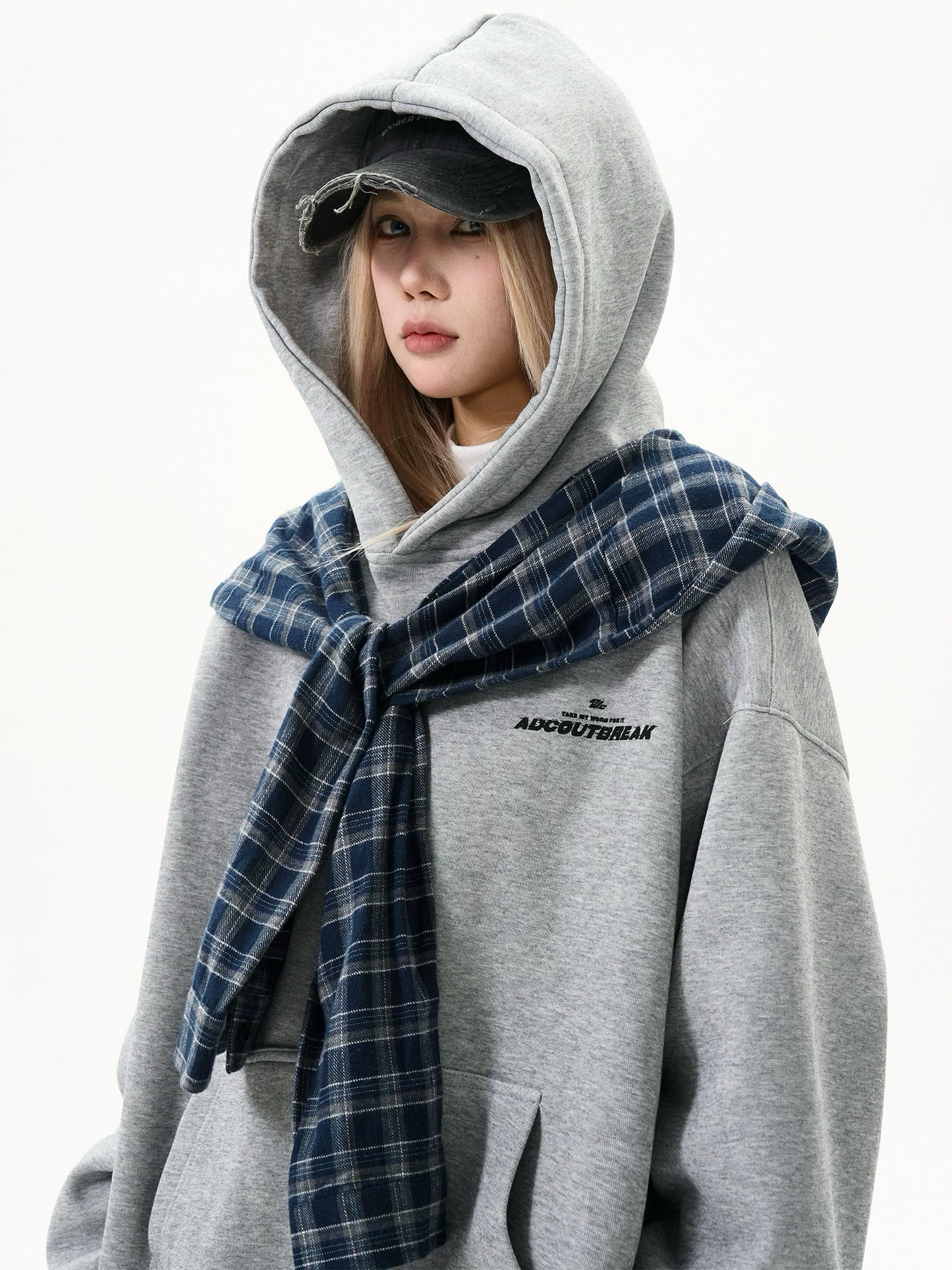 Checkered Shirt Layered Sweatshirt Hoodie MAD0012