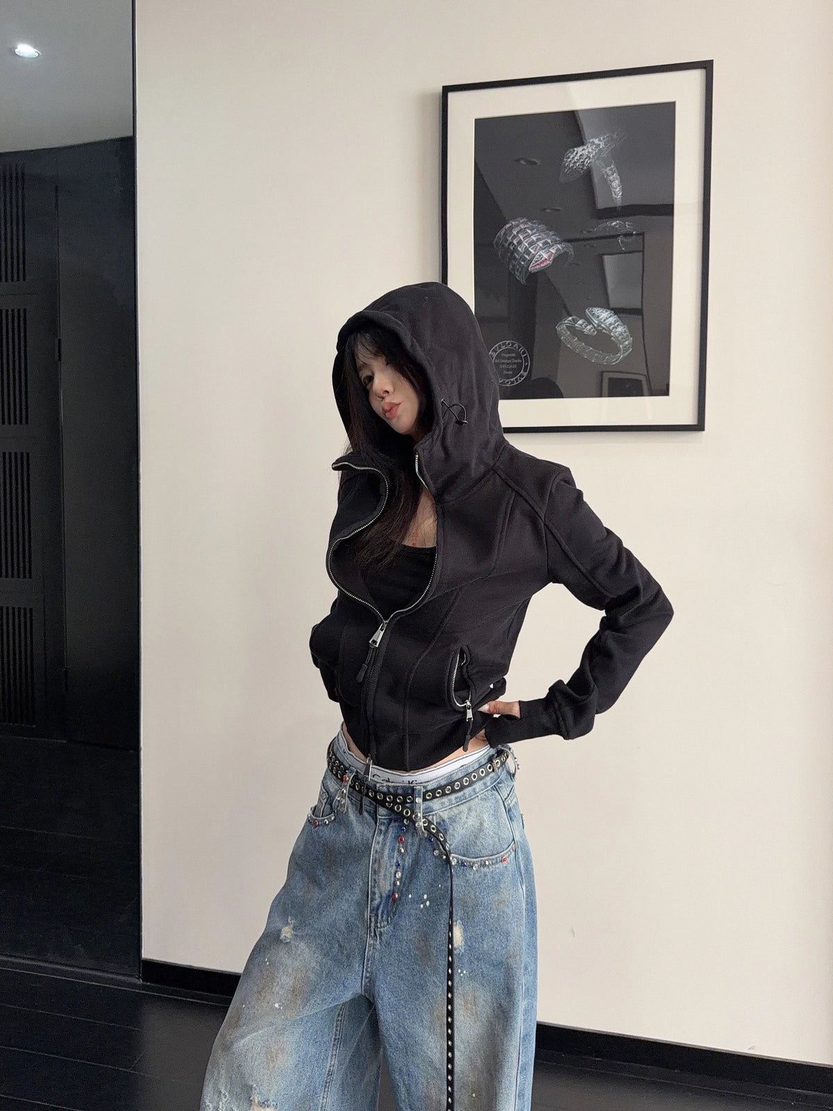 High-Neck Hooded Zip-Up Hoodie YLS1057