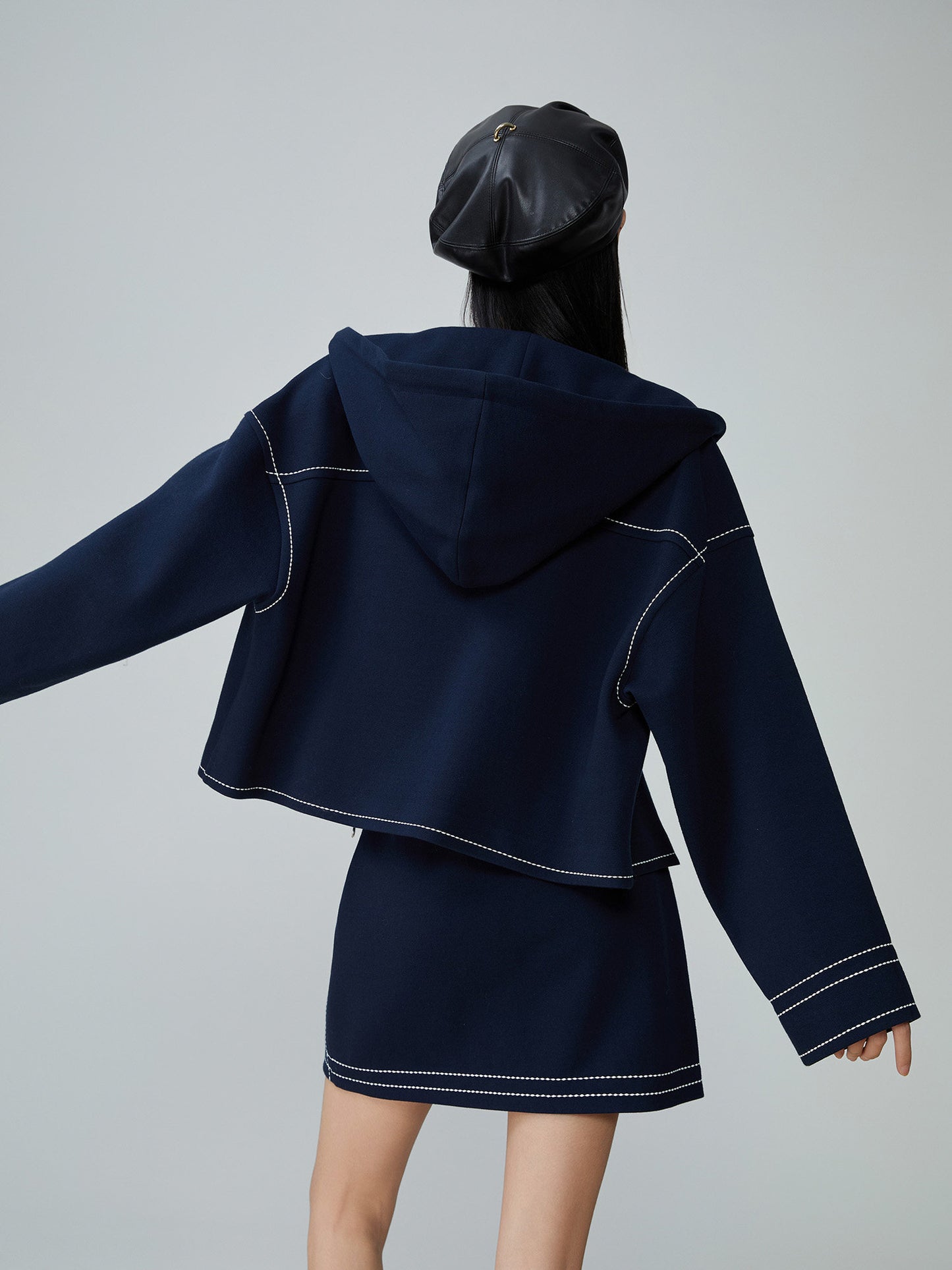 Denim-Style Zip Hoodie / Elastic Waist Mini Skirt FER0051