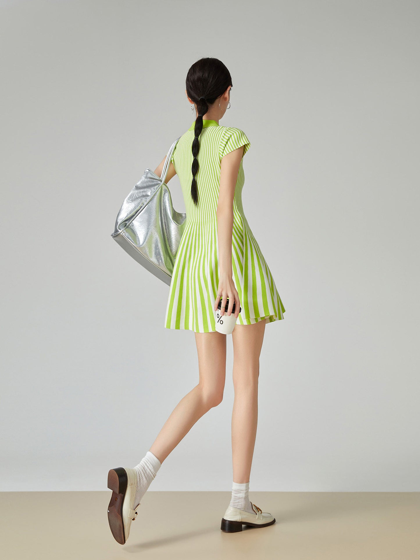Green Striped Flare Mini Dress FER0081
