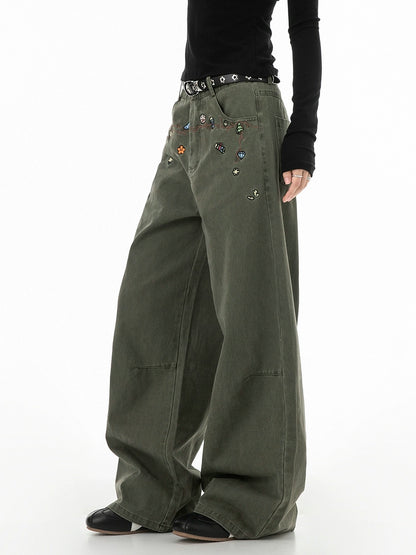 Floral Embroidery Wide Denim Pants ICM0116